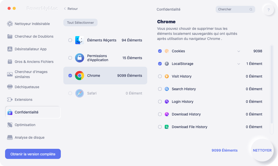 Prévisualisez et sélectionnez les données Safari souhaitées à nettoyer