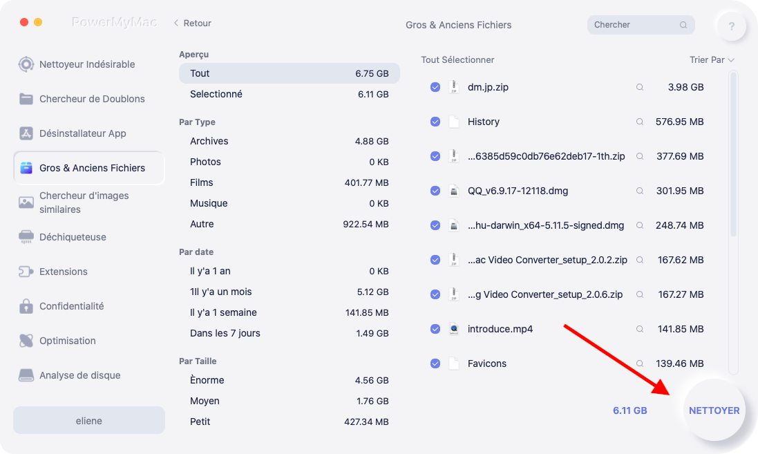 Sélectionnez les fichiers à supprimer et à nettoyer