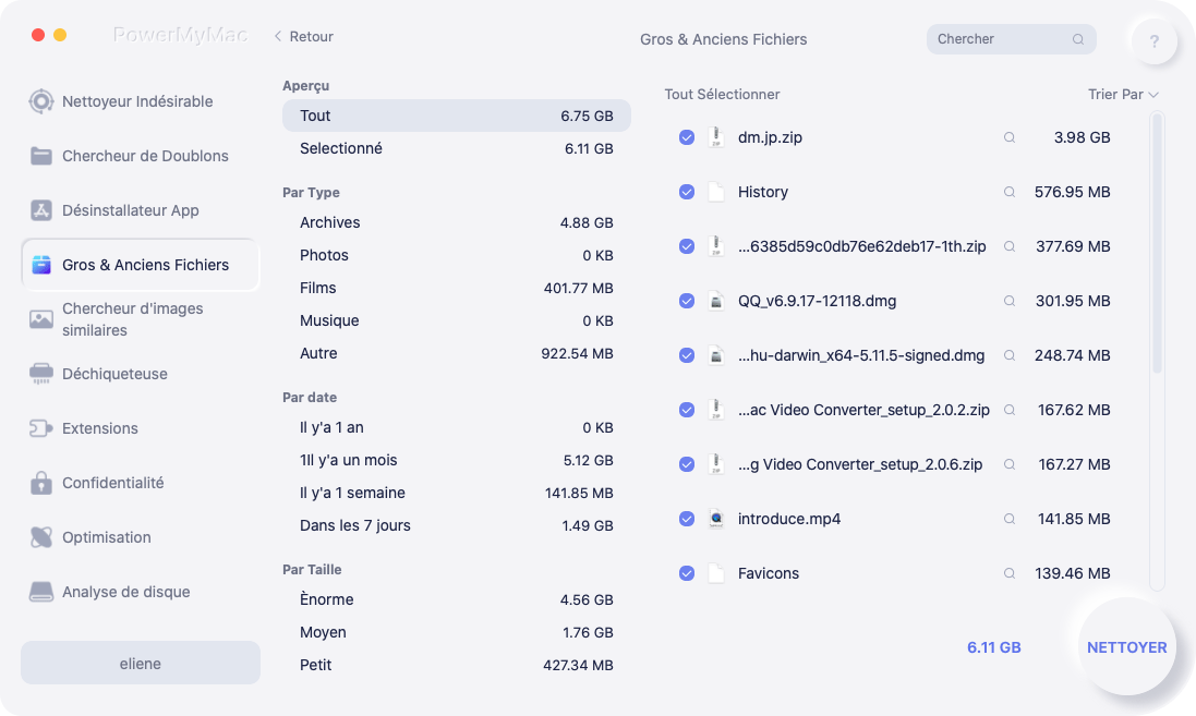 Sélectionnez les gros fichiers que vous souhaitez nettoyer