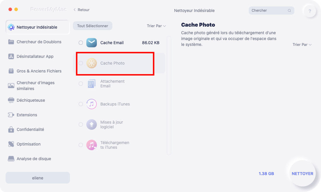 Examinez et sélectionnez l'iPod Photo Cache à nettoyer
