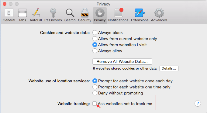 Ne pas suivre les options et bloquer les cookies dans Safari