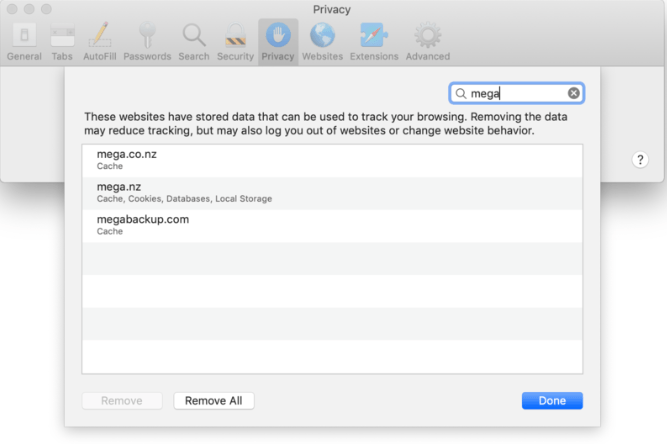 Nettoyer les données MegaBackup dans Safari