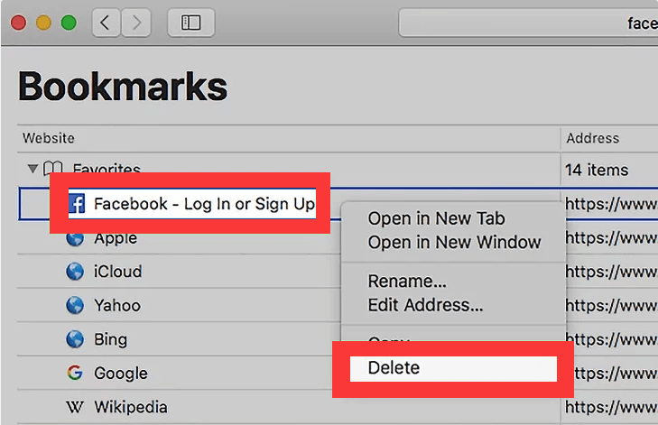 Supprimer les signets sur Mac dans Safari