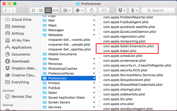 Supprimer les fichiers de préférences Safari
