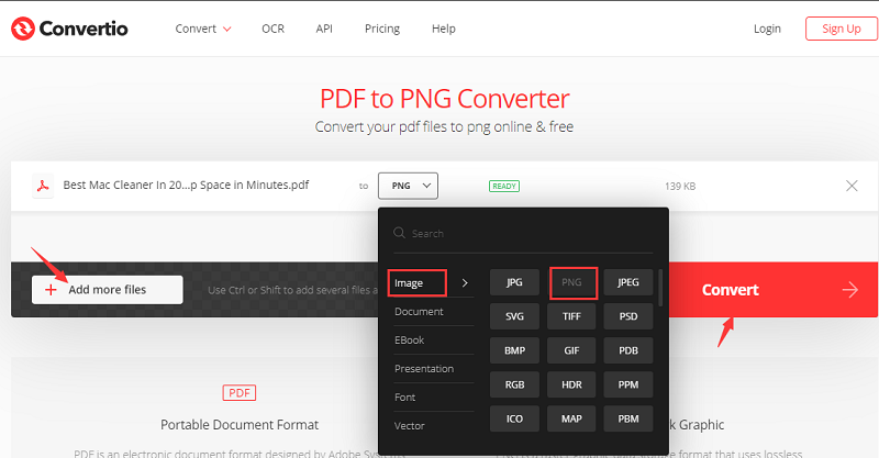 Convertir un PDF en PNG avec Convertio