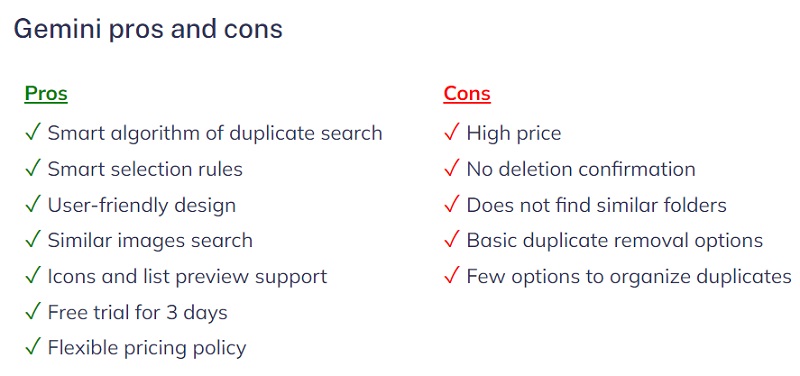 Avantages et inconvénients de Gemini 2 Duplicate Finder