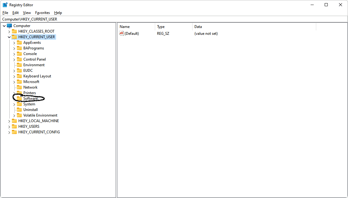 Développez HKEY CURRENT USER pour vider le cache Roblox