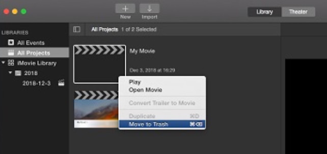Effacer le cache iMovie en supprimant des projets et des événements