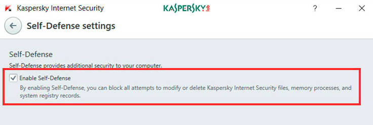Activez l'option d'autodéfense après avoir vidé le cache de Kaspersky