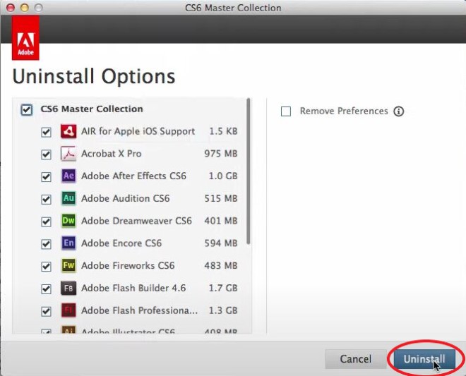Programme de désinstallation d'Adobe CS6