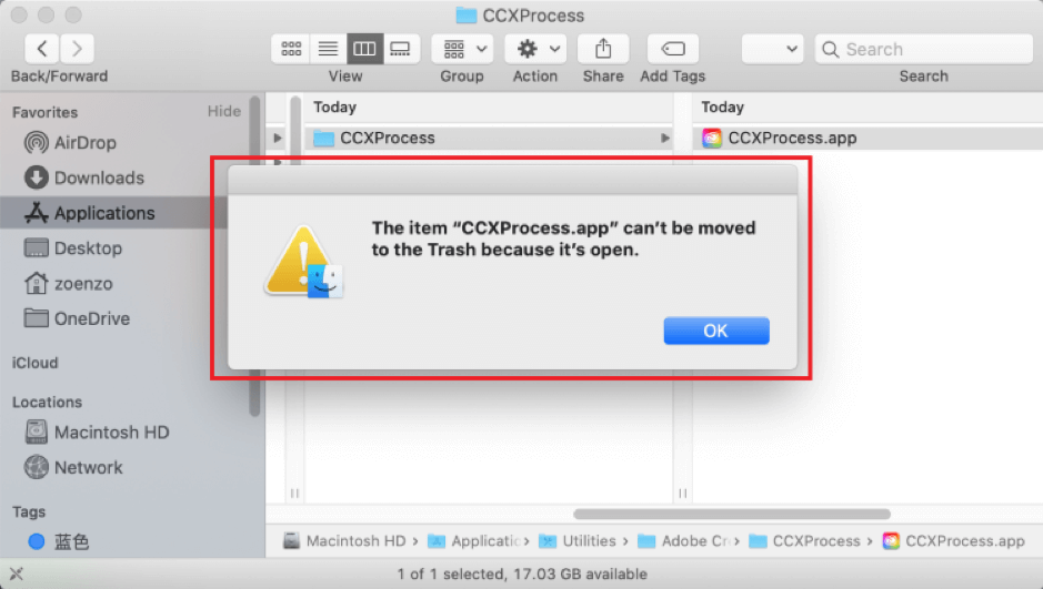 CCXProcess ne peut pas être déplacé vers la corbeille