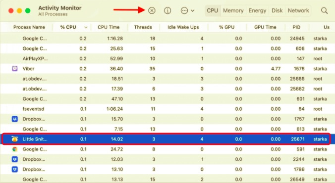 Quittez Little Snitch sur Mac avec Activity Monitor