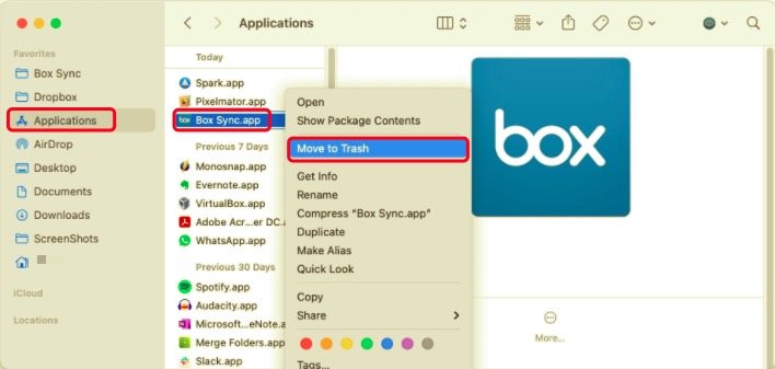 Désinstallez Box Sync sur Mac en le faisant glisser vers la corbeille