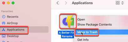 Déplacer vers la corbeille pour désinstaller un meilleur renommage du Finder