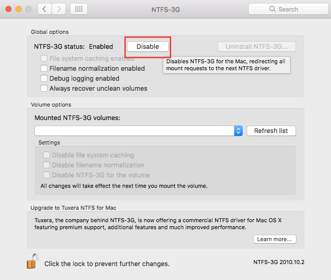 Cliquez sur l'option Désactiver pour quitter NTFS-3G