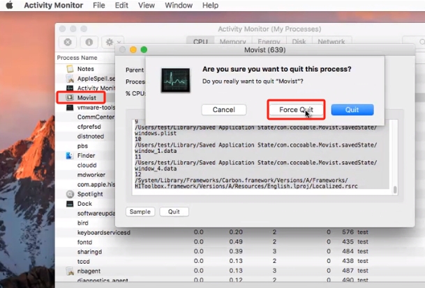 Forcer à quitter pour désinstaller Movist sur Mac
