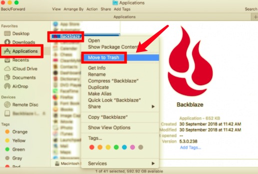 Désinstaller Backblaze sur Mac via le dossier d'application
