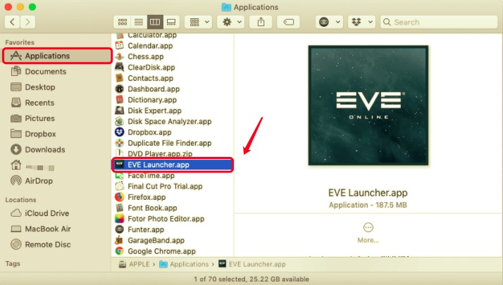 Supprimer EVE Online de Mac via le dossier Applications