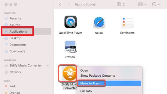 Déplacez le convertisseur de musique Sidify vers la corbeille