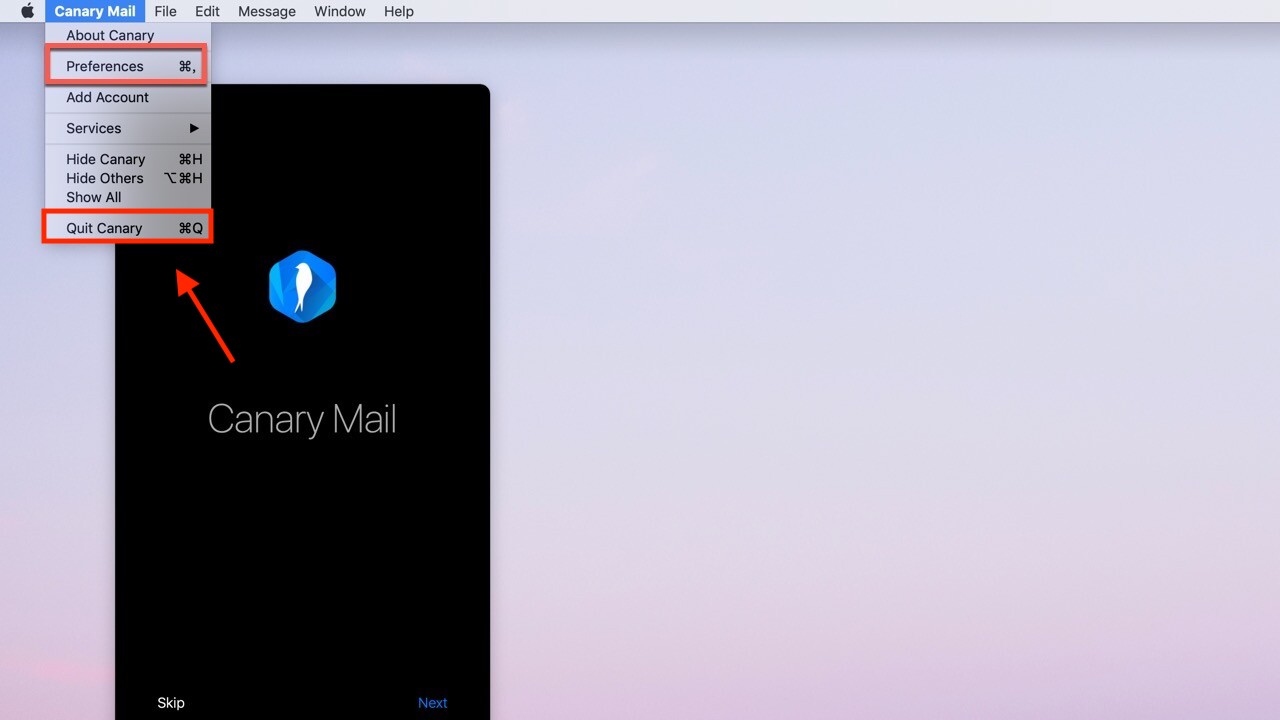 Sélectionnez Canary Mail et cliquez sur Quitter Canary