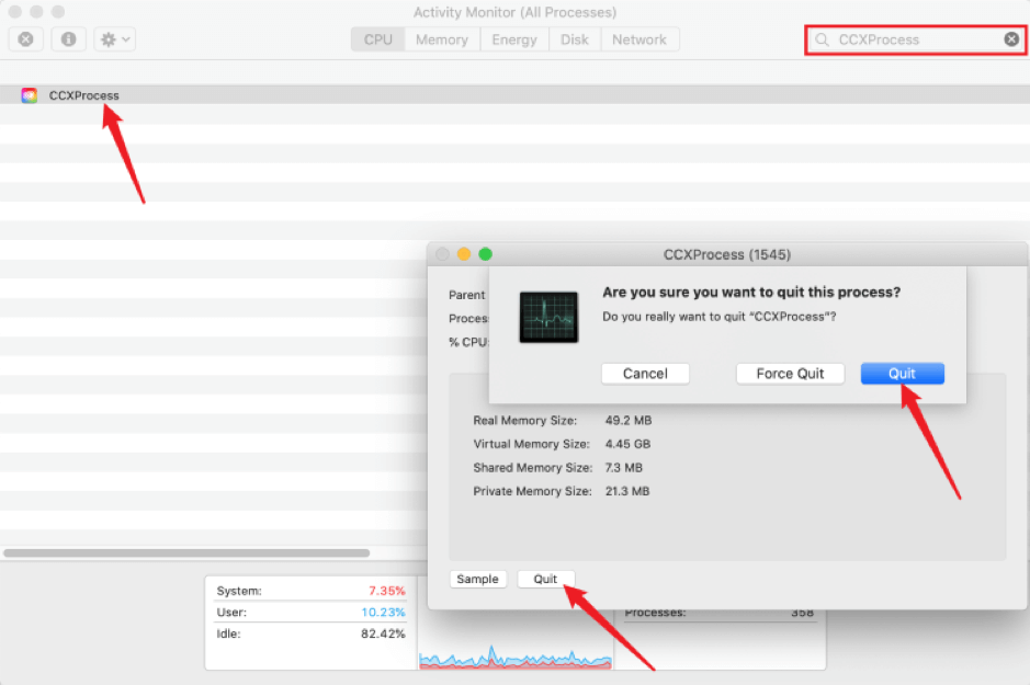 Quittez CCXProcess de Mac avant la désinstallation