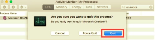 Quittez OneNote via Activity Monitor avant la désinstallation