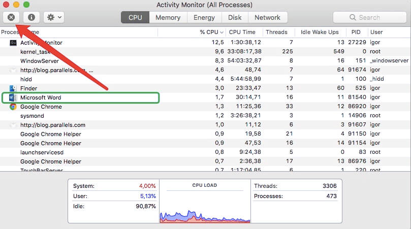 Quittez Word via Activity Monitor avant de le désinstaller