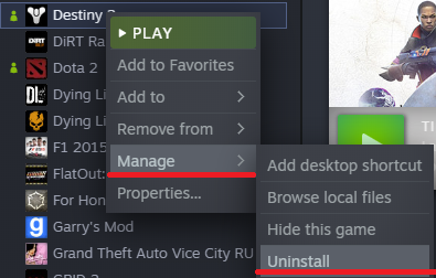 Désinstaller Destiny 2 sur Steam