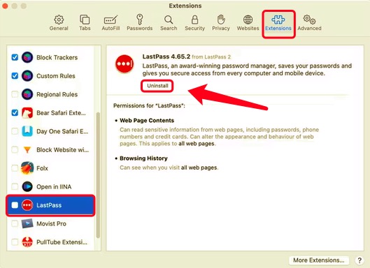 Supprimer l'extension LastPass Safari sur Mac