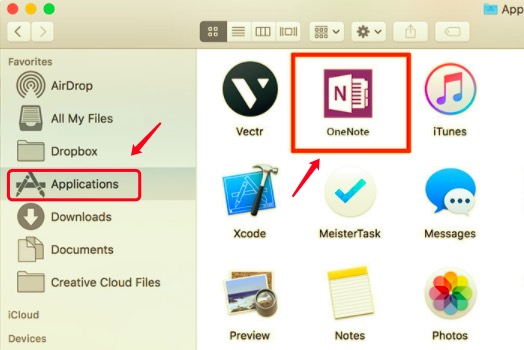 Supprimer OneNote sur Mac en déplaçant l'icône dans la corbeille