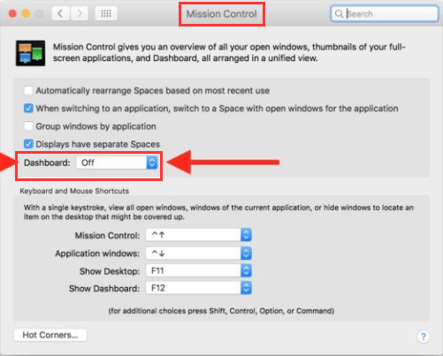 Sélectionnez Désactivé pour supprimer le tableau de bord sur Mac