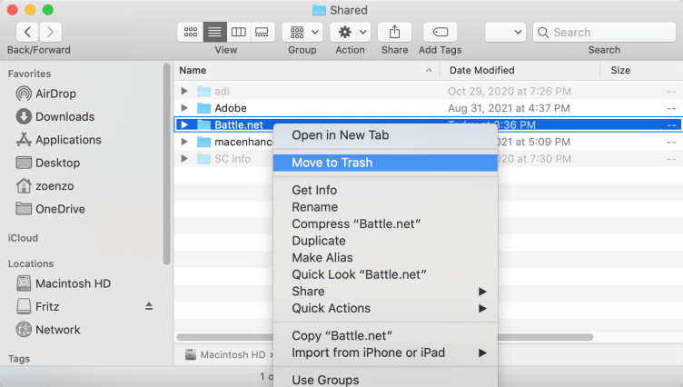 Supprimer les fichiers partagés pour désinstaller Battle.net sur Mac