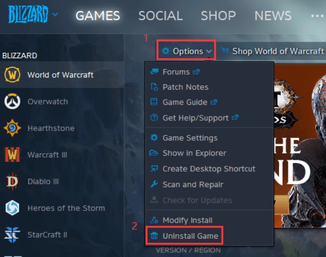 Désinstallez les jeux Blizzard de son application