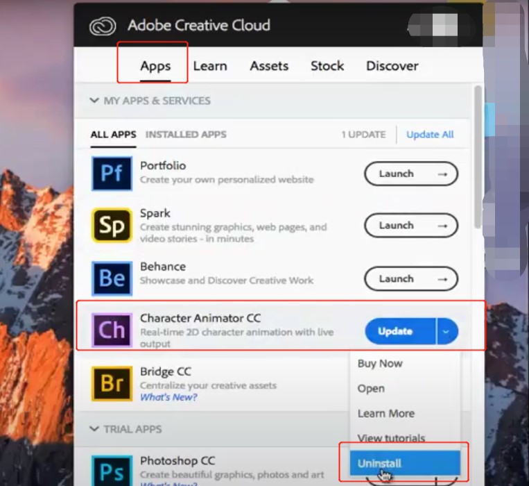 Supprimer Character Animator d'Adobe CC Desktop