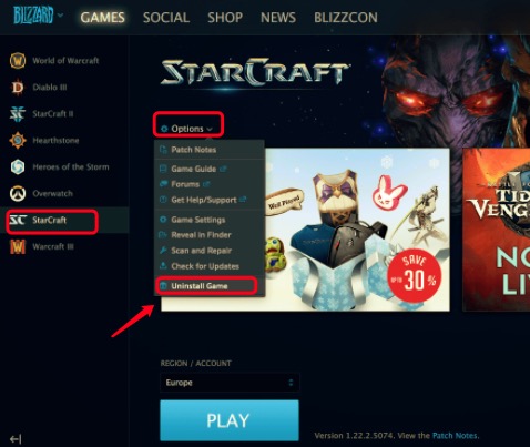 Désinstaller StarCraft 2 sur Mac via Battle.net