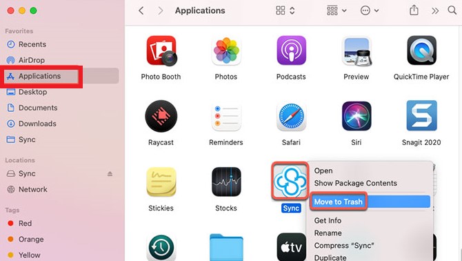 Désinstaller manuellement l'application de bureau Sync sur Mac