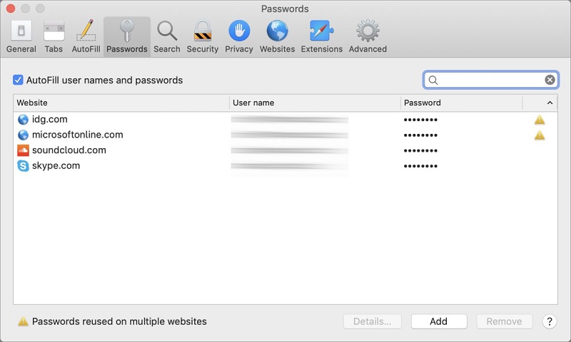 Gestionnaire de mots de passe intégré dans Safari