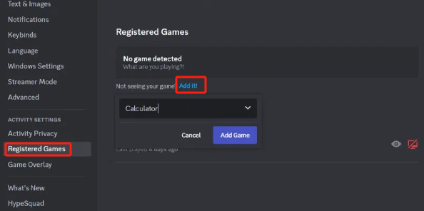 Ajouter un jeu pour réparer l'écran Discord, partager aucun audio
