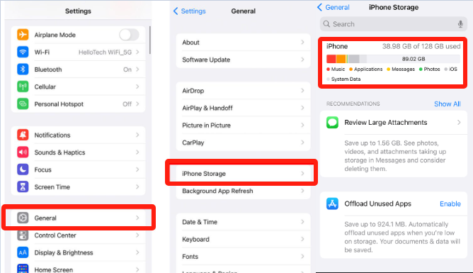 Vérifiez le stockage de l'iPhone pour corriger l'échec de l'enregistrement d'écran en raison d'un graveur d'actifs