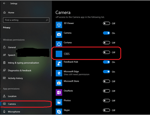 Activer les autorisations de la caméra OBS Studio