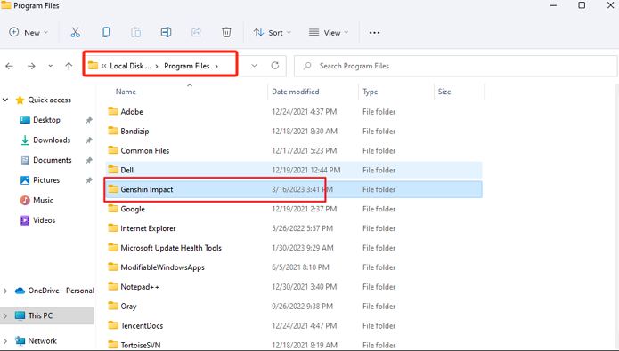 Dossier de captures d'écran Genshin sur Windows