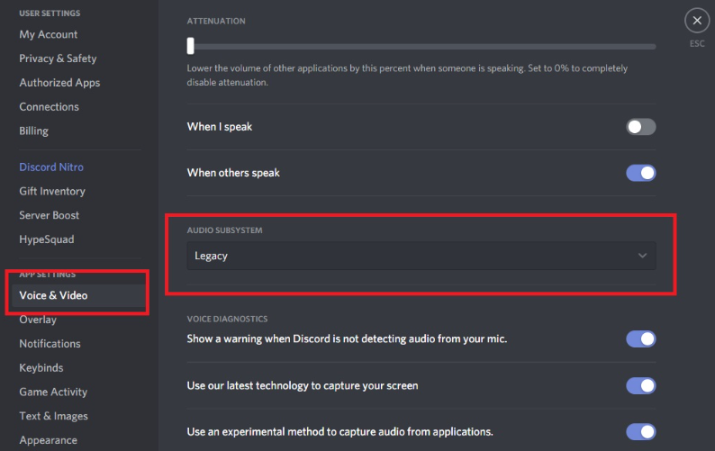 Utilisez le sous-système audio hérité pour corriger le partage d'écran Discord sans audio