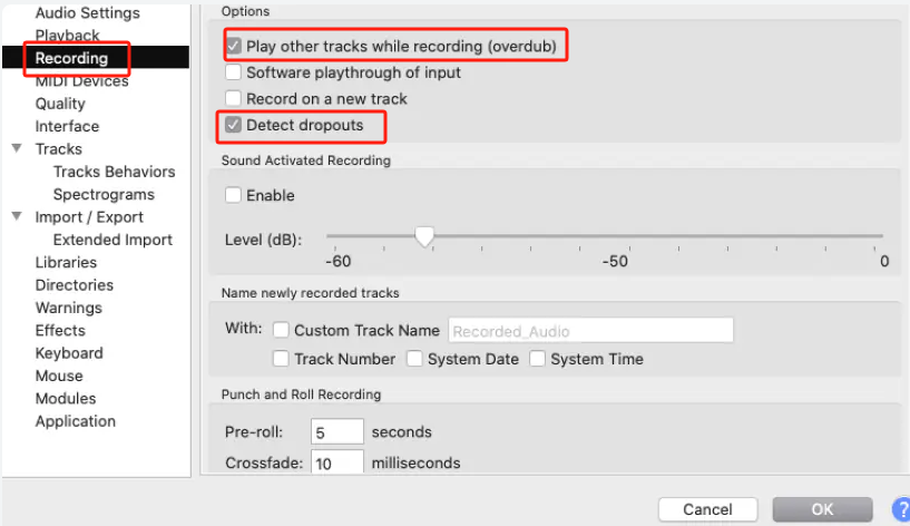 Modifier les paramètres d'enregistrement d'Audacity
