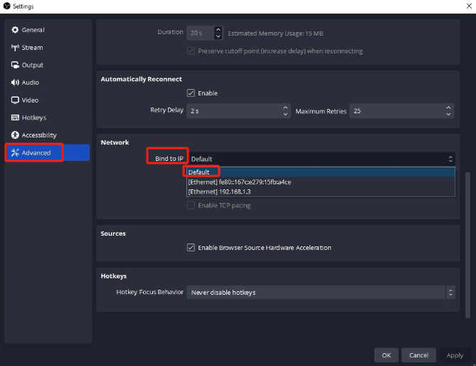 Modifier le paramètre « Bind to IP » pour corriger les pertes de trames OBS