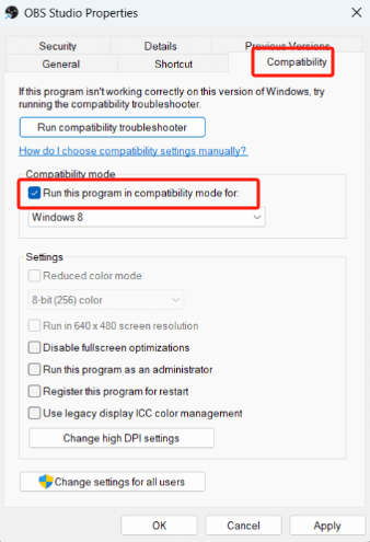 Activer le mode de compatibilité pour corriger la capture de jeu OBS qui ne fonctionne pas