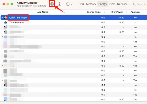 Arrêter l'enregistrement d'écran QuickTime dans le moniteur d'activité