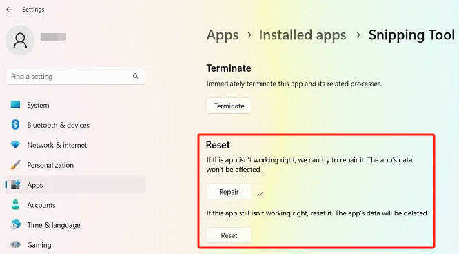 Réinitialiser les applications pour réparer l'outil de capture qui ne fonctionne pas