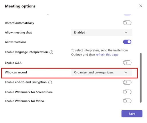 Enregistrement des préparatifs sur Microsoft Teams