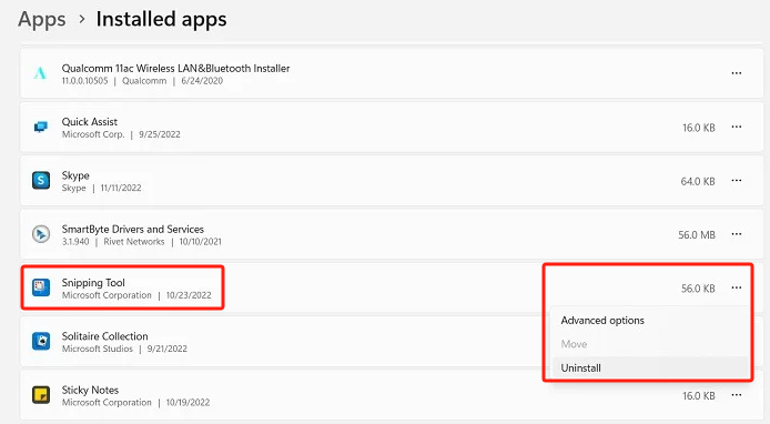 Désinstallez l'application pour réparer l'outil de capture qui ne fonctionne pas