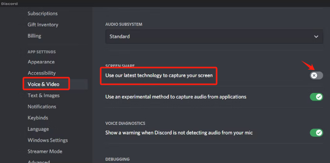 Désactiver le paramètre pour corriger l'écran noir de Discord Stream